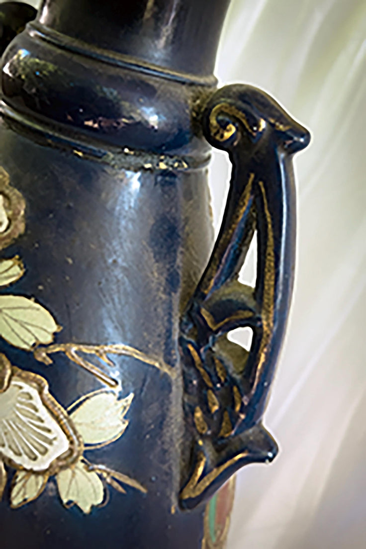 Vintage Satsuma-Style Moriage Vase: Hand-Painted Floral, Double Handles, Cobalt Blue