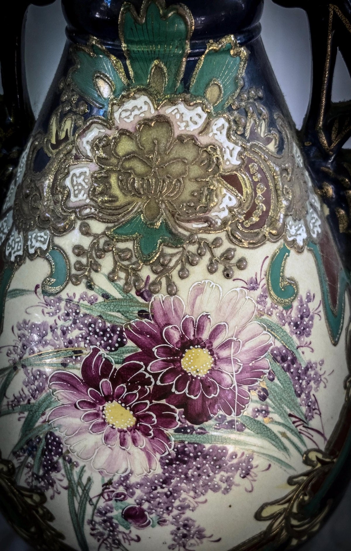 Vintage Satsuma-Style Moriage Vase: Hand-Painted Floral, Double Handles, Cobalt Blue