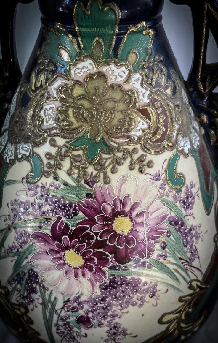 Vintage Satsuma-Style Moriage Vase: Hand-Painted Floral, Double Handles, Cobalt Blue