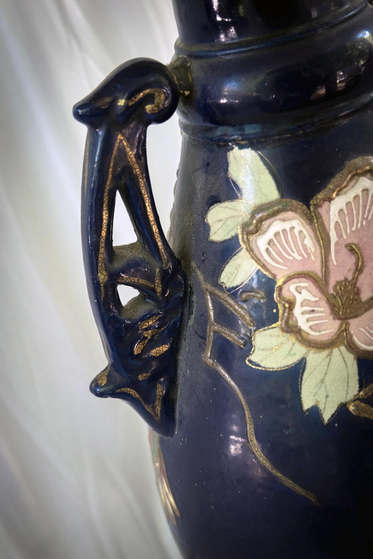 Vintage Satsuma-Style Moriage Vase: Hand-Painted Floral, Double Handles, Cobalt Blue