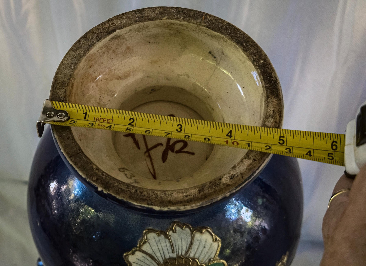 Vintage Satsuma-Style Moriage Vase: Hand-Painted Floral, Double Handles, Cobalt Blue