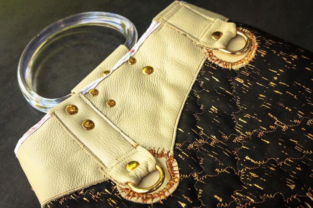 The Gilded Eclipse-Handmade cork and natural leather, and top handle bag with gold chain.