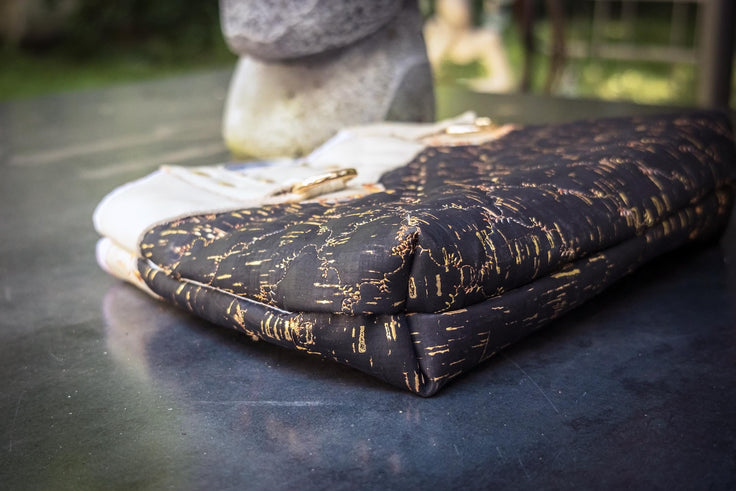 The Gilded Eclipse-Handmade cork and natural leather, and top handle bag with gold chain.