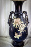 Vintage Satsuma-Style Moriage Vase: Hand-Painted Floral, Double Handles, Cobalt Blue