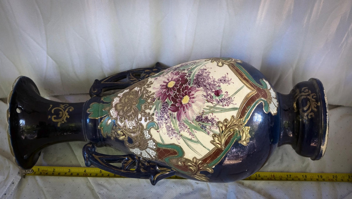 Vintage Satsuma-Style Moriage Vase: Hand-Painted Floral, Double Handles, Cobalt Blue