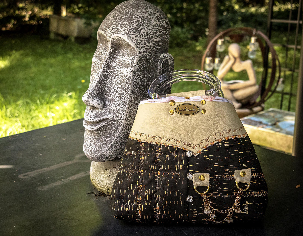 The Gilded Eclipse-Handmade cork and natural leather, and top handle bag with gold chain.
