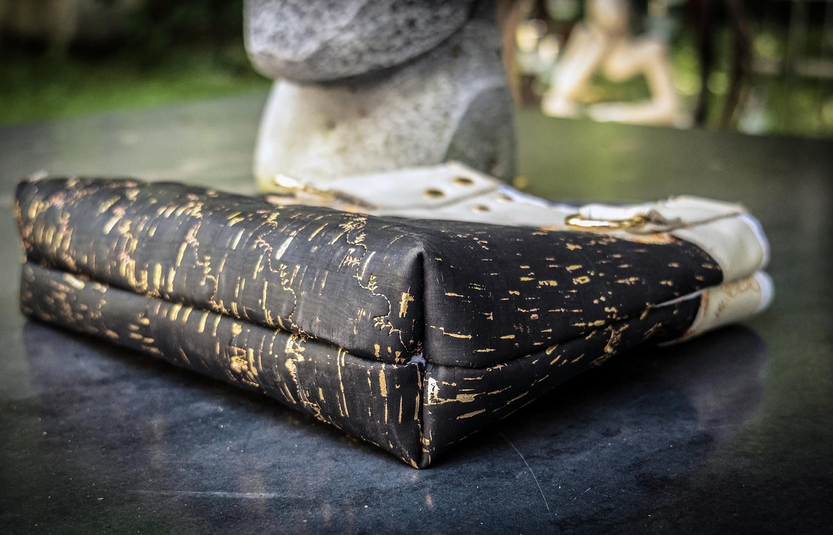 The Gilded Eclipse-Handmade cork and natural leather, and top handle bag with gold chain.