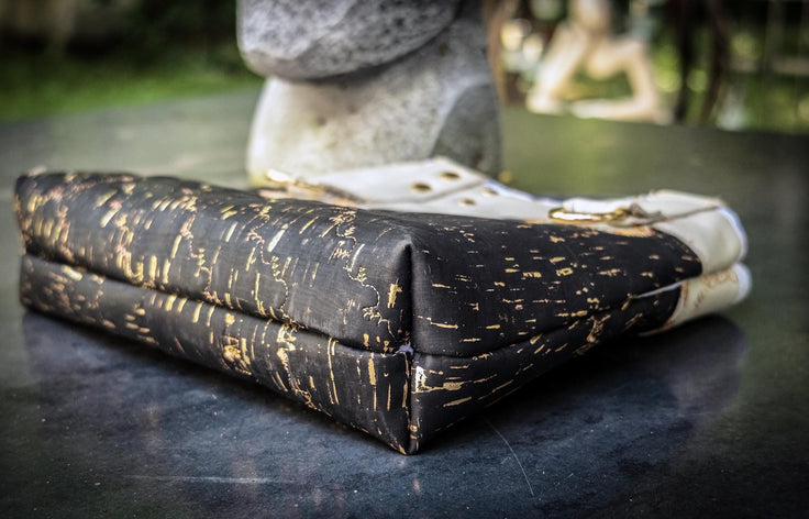The Gilded Eclipse-Handmade cork and natural leather, and top handle bag with gold chain.