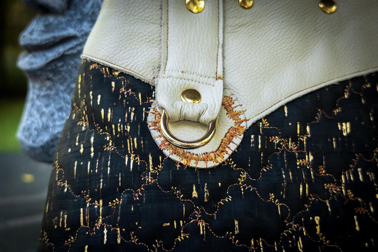 The Gilded Eclipse-Handmade cork and natural leather, and top handle bag with gold chain.