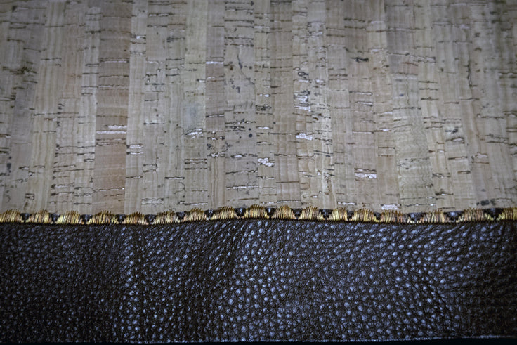 Fancy Stitched Cork and Italian Leather Table Runner, 12x24 Luxury Console centerpiece with Woolies Flannel Applique Floral Art.