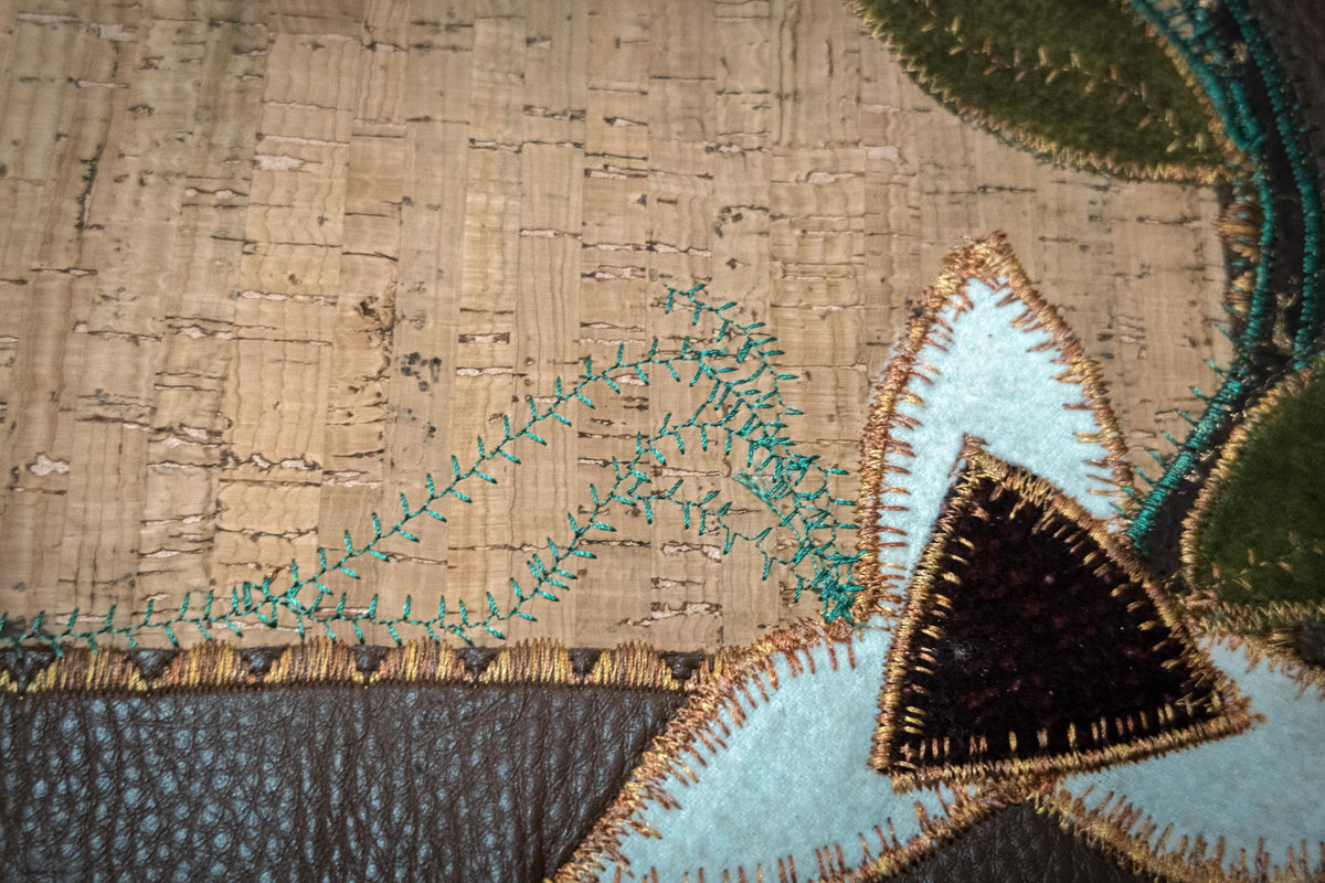 Fancy Stitched Cork and Italian Leather Table Runner, 12x24 Luxury Console centerpiece with Woolies Flannel Applique Floral Art.