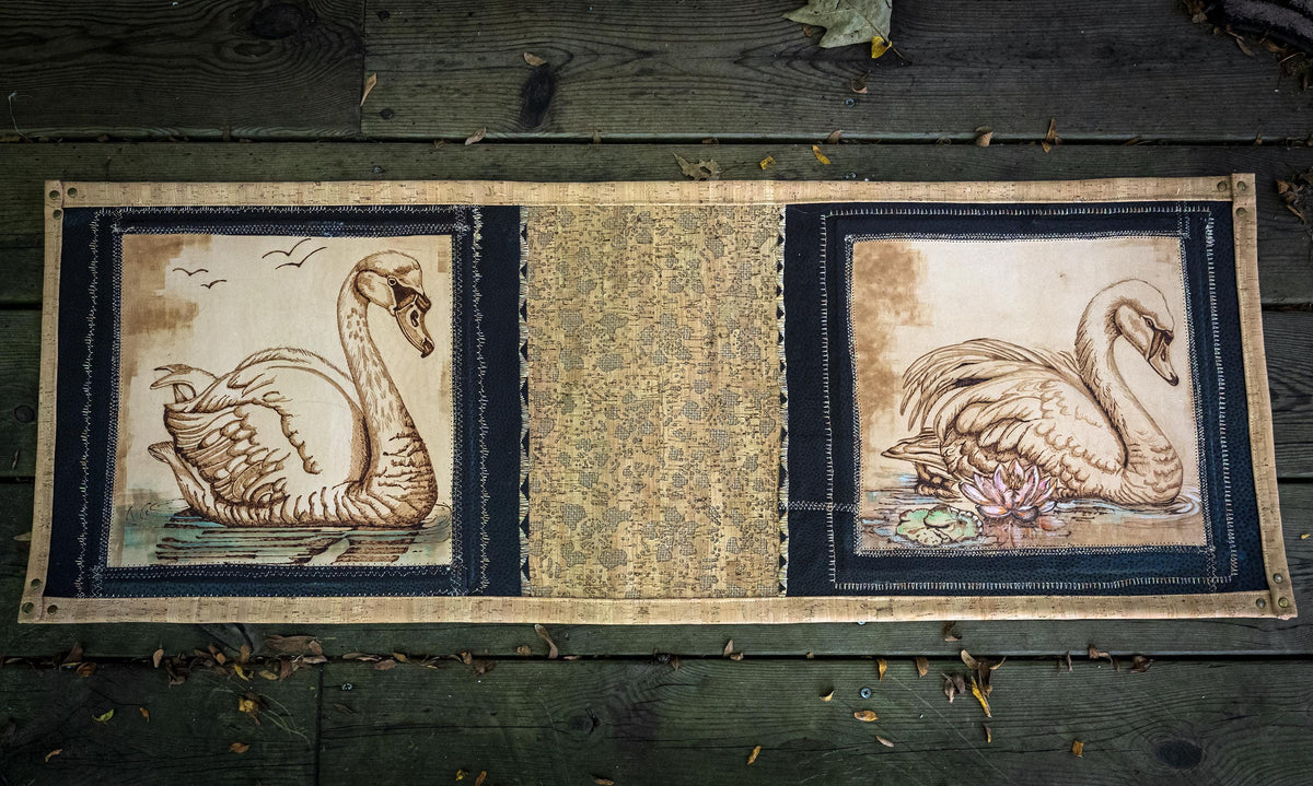 Luxury Hand-Tooled Leather Table Runner-Pyrography Swan Art Dresser Scarf, Waterproofed Vegetable Tanned Leather & Natural Cork Home Decor