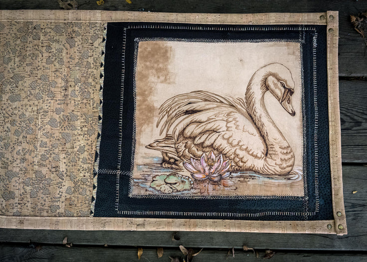 Luxury Hand-Tooled Leather Table Runner-Pyrography Swan Art Dresser Scarf, Waterproofed Vegetable Tanned Leather & Natural Cork Home Decor
