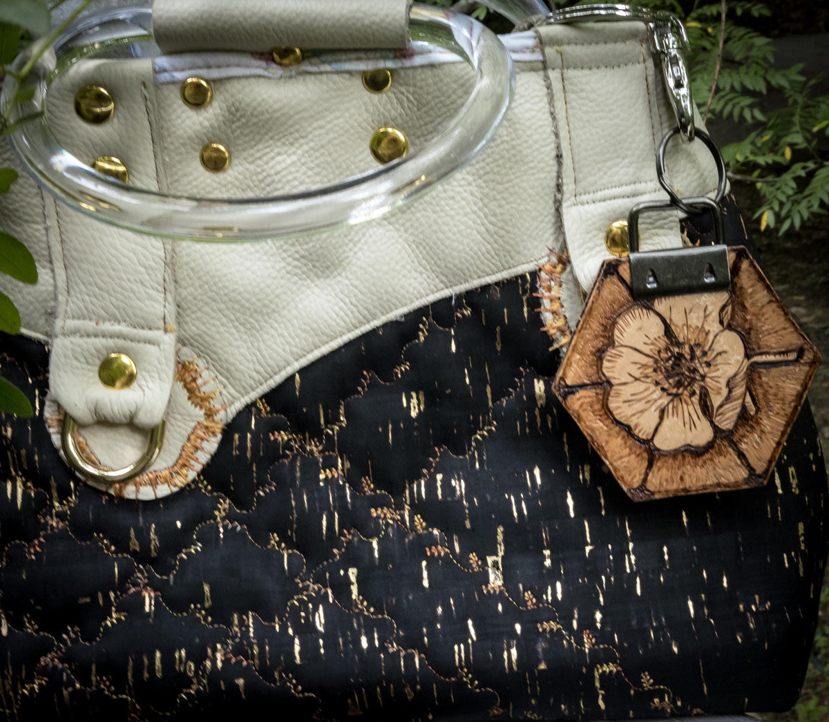 Hand-Burned Floral Leather Keychain, Hexagon flower bag Charm, Botanical Pyrography Key Fob, Unique Gift for Nature Lovers.