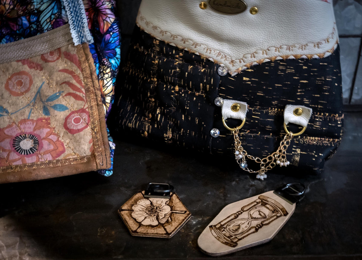 Hand-Burned Floral Leather Keychain, Hexagon flower bag Charm, Botanical Pyrography Key Fob, Unique Gift for Nature Lovers.