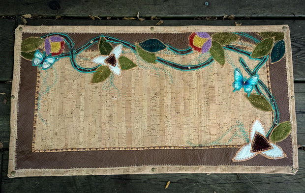 Fancy Stitched Cork and Italian Leather Table Runner, 12x24 Luxury Console centerpiece with Woolies Flannel Applique Floral Art.