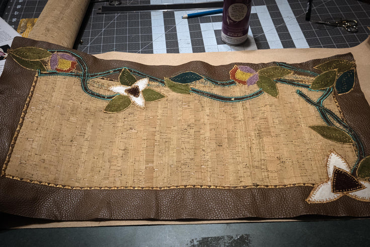 Fancy Stitched Cork and Italian Leather Table Runner, 12x24 Luxury Console centerpiece with Woolies Flannel Applique Floral Art.