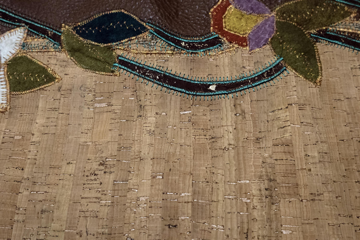 Fancy Stitched Cork and Italian Leather Table Runner, 12x24 Luxury Console centerpiece with Woolies Flannel Applique Floral Art.