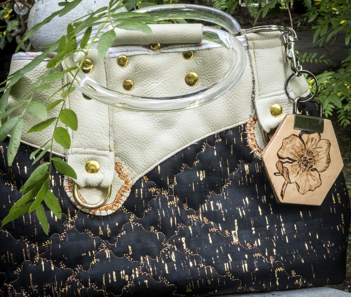 Hand-Burned Floral Leather Keychain, Hexagon flower bag Charm, Botanical Pyrography Key Fob, Unique Gift for Nature Lovers.