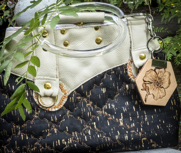 Hand-Burned Floral Leather Keychain, Hexagon flower bag Charm, Botanical Pyrography Key Fob, Unique Gift for Nature Lovers.